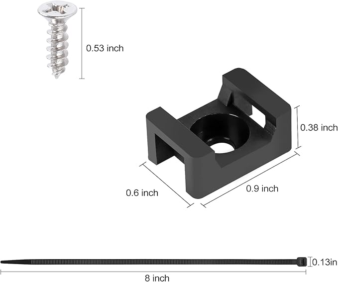 100 Pcs Cable Zip Tie Saddle Type Mounts Base with 8" Cable Ties Tapping Screw, Wire Cable Clips Organizer Holders Clamps Black