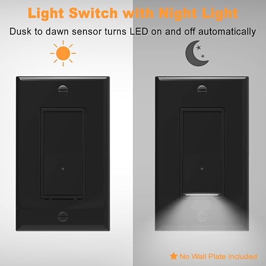 10 Pack SOZULAMP Light Switch with LED Night Light 15Amp 120/277Volt Rocker Single Pole Wall Switch, Automatic On/Off Sensor-Black