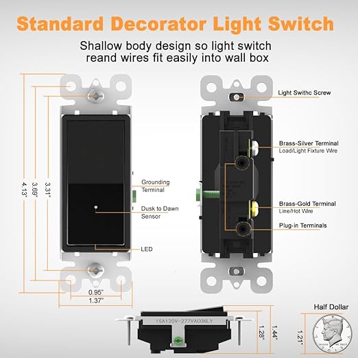10 Pack SOZULAMP Light Switch with LED Night Light 15Amp 120/277Volt Rocker Single Pole Wall Switch, Automatic On/Off Sensor-Black