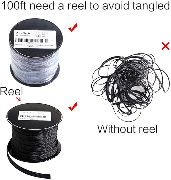 100ft - 1/8 inch PET Expandable Braided Sleeving – Black – Alex Tech Braided Cable Sleeve