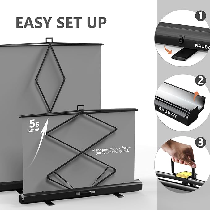 【Easy Set-Up】 RAUBAY 59.8 x 82.7in Collapsible Gray Backdrop Screen Portable Retractable Panel Photo Grey Background with Stand for Video Conference, Photographic Studio, Streaming