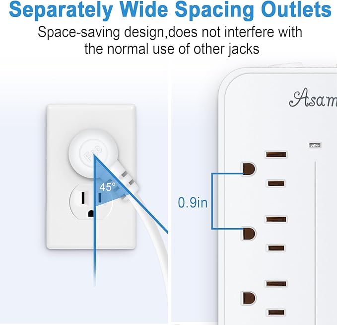 10FT Surge Protector Extension Cord with USB C, Flat Plug Power Strip - 8 Outlets & 3 USB Ports (A x 2, C x 1), Wall Mount Desk Power Strip - White, ETL Listed
