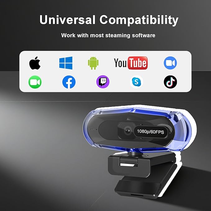 1080P 60FPS Streaming Webcam with Autofocus, Microphone, RGB Light and Tripod, USB Camera for PC/Mac, Plug and Play for Zoom, Skype, YouTube, Online Meetings