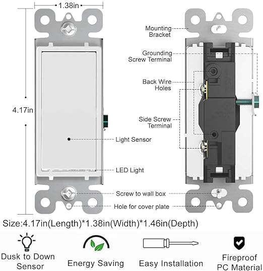 10 Pack SOZULAMP Light Switch with LED Night Light 15Amp 120/277Volt Rocker Single Pole Wall Switch, Automatic On/Off Sensor