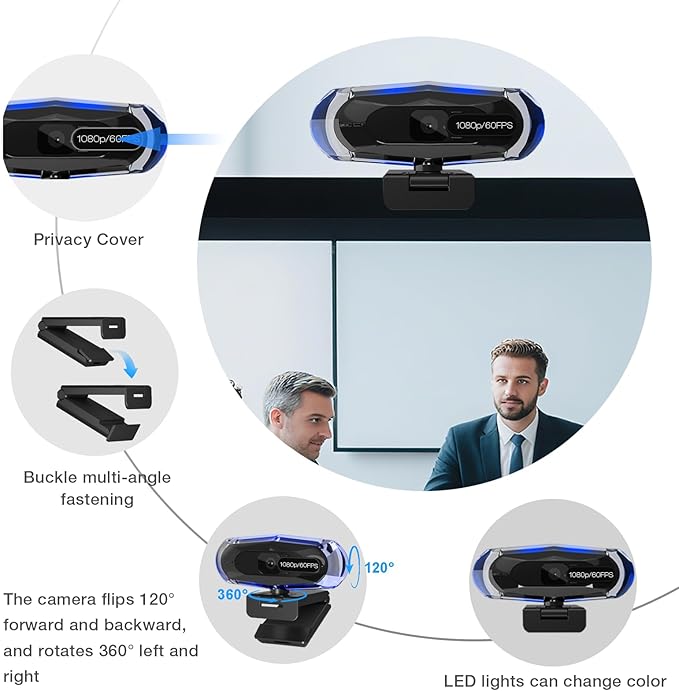 1080P 60FPS Streaming Webcam with Autofocus, Microphone, RGB Light and Tripod, USB Camera for PC/Mac, Plug and Play for Zoom, Skype, YouTube, Online Meetings