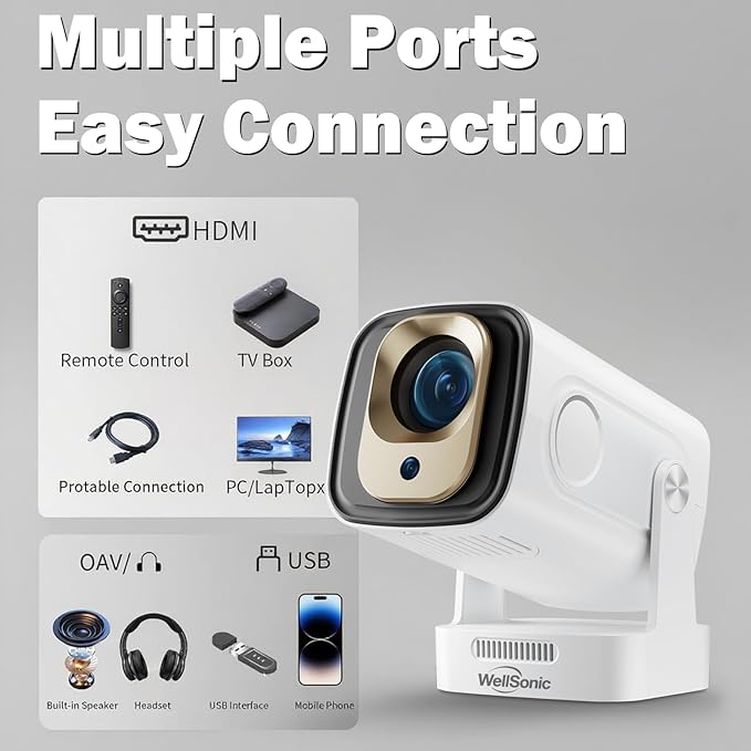 【Built-in Apps&1080P】WellSonic Mini Portable Projector 4K Support, Smart Projector with Wifi and Bluetooth, Auto Focus, 5W Speaker, Voice Control, 130" Screen Movie Projector for Home Bedroom Outdoor