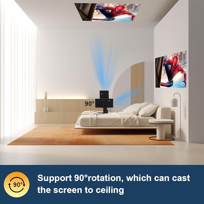 【Built-in App】Polaring Mini Projector, Smart 4K Projector with WiFi and bluetooth 1080P Support, Auto Keystone Correction,90° Rotating Adjustment,Compatible with phone, TV Stick , HDMI, USB(black)