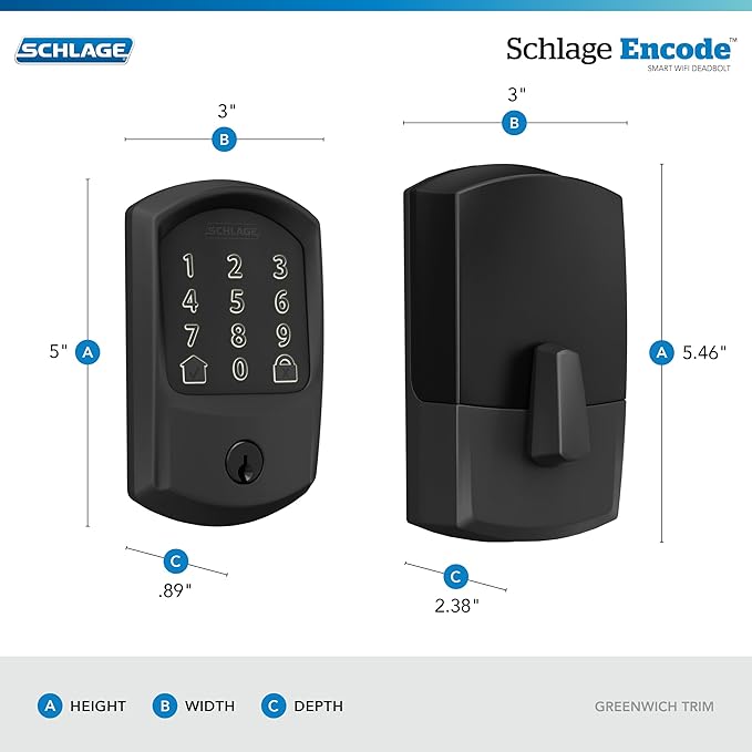 SCHLAGE BE489WB GRW 622 Encode WiFi Deadbolt Smart Lock, Keyless Entry Touchscreen Door Lock with Greenwich Trim, Matte Black
