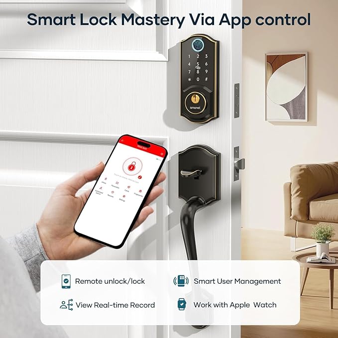 Smart Door Lock with Handle Set: SMONET Front Door Lock Set Keyless Entry Fingerprint Keypad Bluetooth Alexa Deadbolt Lockset Oil Rubbed Bronze