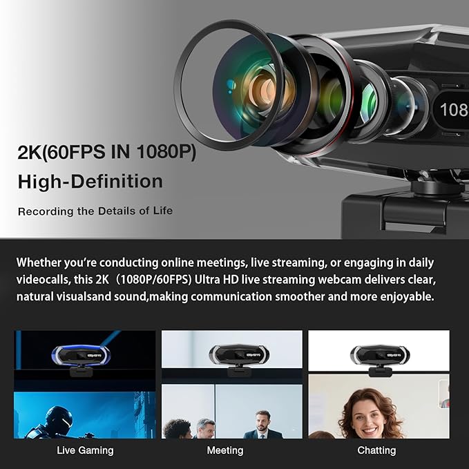 1080P 60FPS Streaming Webcam with Autofocus, Microphone, RGB Light and Tripod, USB Camera for PC/Mac, Plug and Play for Zoom, Skype, YouTube, Online Meetings