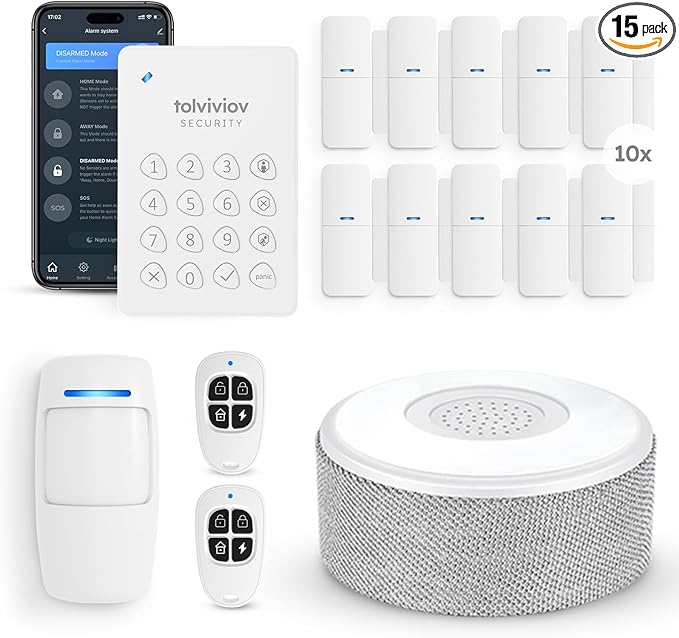 tolviviov Alarm System for Home Security, Door Alarm Systems, App Alerts, 15Piece Kit, No Monthly fee, WiFi Alarm, Door Window Motion Sensor, for Home Security and Kids Safety