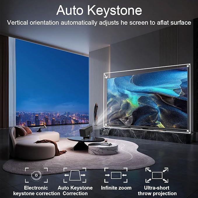 【Built-in App】Polaring Mini Projector, Smart 4K Projector with WiFi and bluetooth 1080P Support, Auto Keystone Correction,90° Rotating Adjustment,Compatible with phone, TV Stick , HDMI, USB(black)