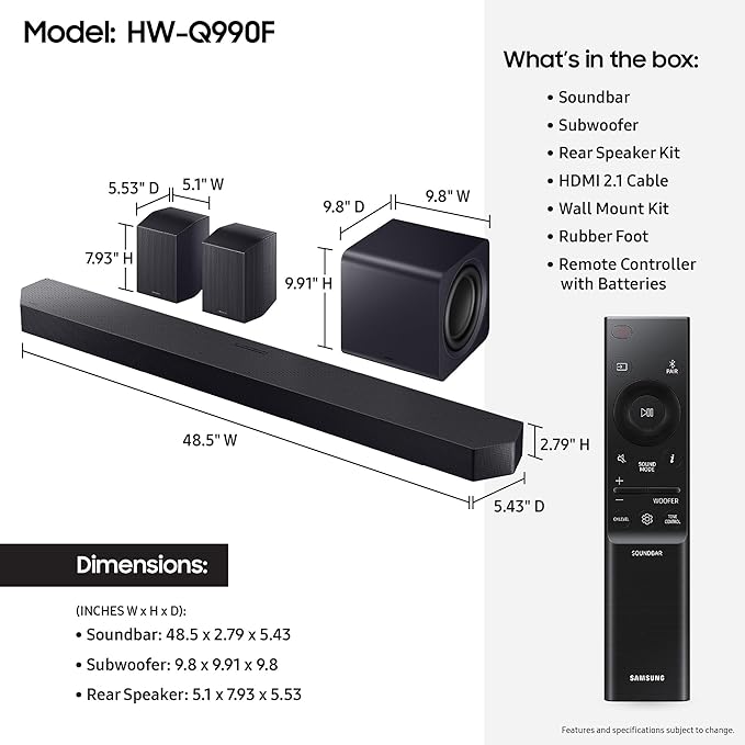 Samsung HW-Q990F Q Series Soundbar 11.1.4 Ch Subwoofer with Rear Speaker with 6 Year Amber Protection Plan (2025)