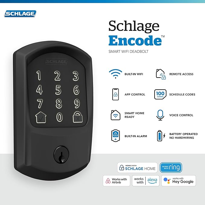 SCHLAGE BE489WB GRW 622 Encode WiFi Deadbolt Smart Lock, Keyless Entry Touchscreen Door Lock with Greenwich Trim, Matte Black