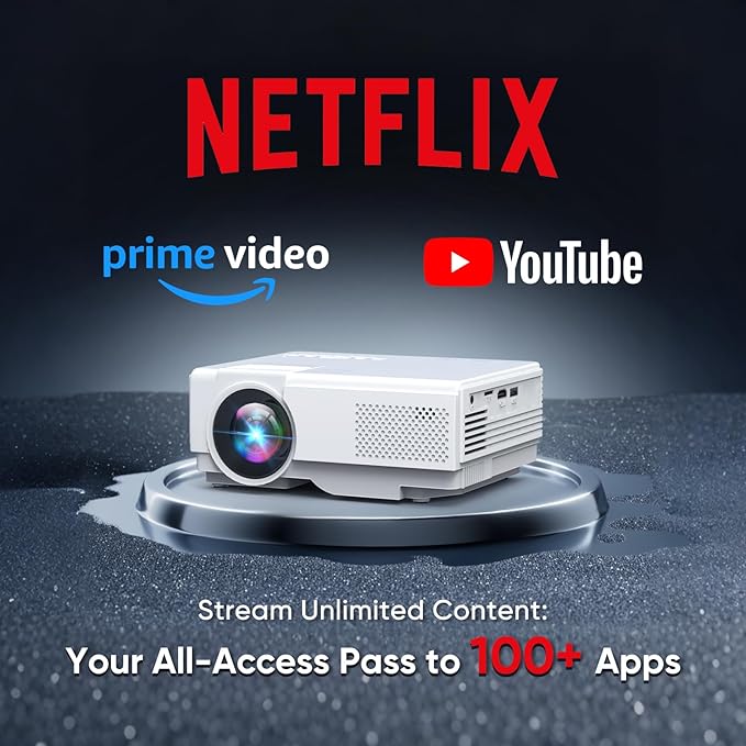 【Netflix Officially】NISOO Smart Projector with WiFi and Bluetooth, Mini Movie Projector with Apps Built-in, 1080P Outdoor Projector for Phone/PC/HDMI/USB, Two-way Bluetooth, 50% Zoom
