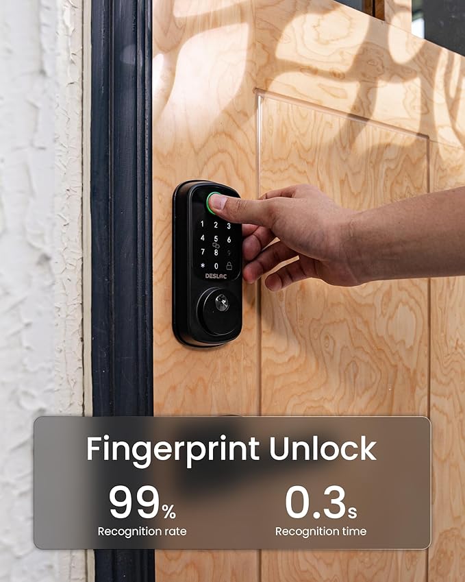 DESLOC Smart Door Lock B200, Smart Deadbolt Lock, Keyless Entry Door Lock, Fingerprint Smart Lock, Smart Locks for Front Door, App Control, Touchscreen Keypad Deadbolts,12-Month Battery, Matte Black