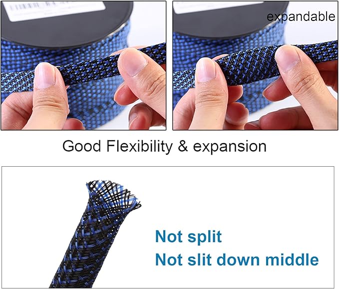 100ft - 1/4 inch PET Expandable Braided Sleeving – BlackBlue – Alex Tech Braided Cable Sleeve