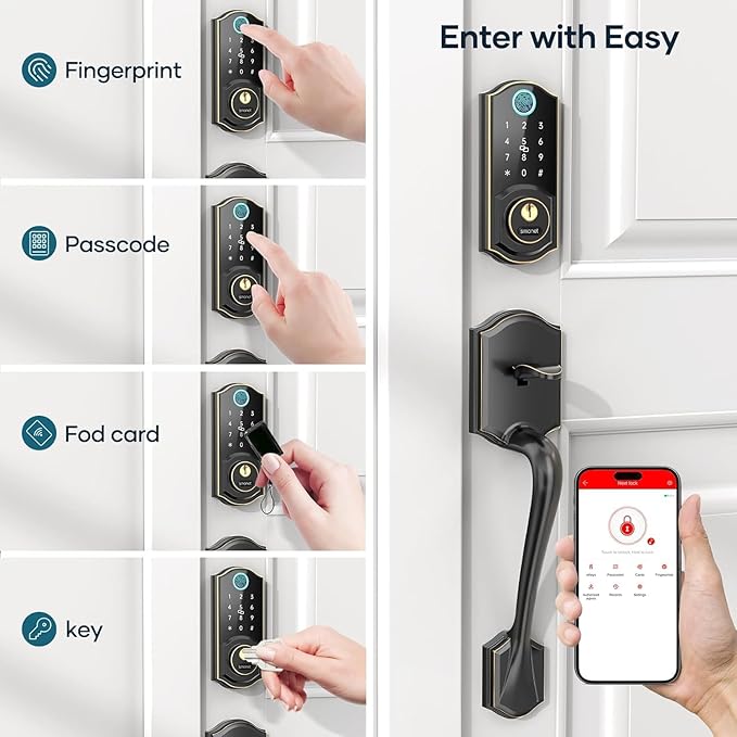 Smart Door Lock with Handle Set: SMONET Front Door Lock Set Keyless Entry Fingerprint Keypad Bluetooth Alexa Deadbolt Lockset Oil Rubbed Bronze
