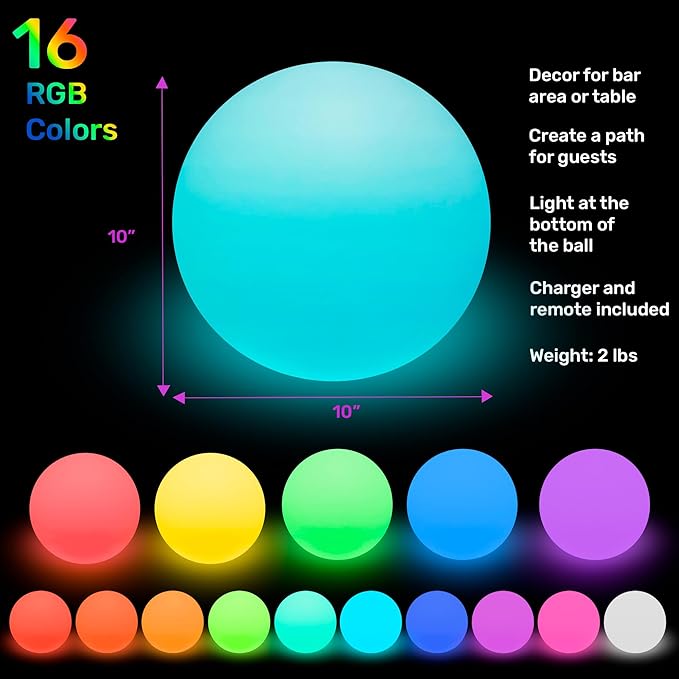 10-Inch LED Round Dimmable Glow Ball Waterproof Rechargeable RGB Color Changing Decorative Floating Pool Garden Decor w/Remote Control, Sensory Toys for Kids Night Light Indoor Outdoor