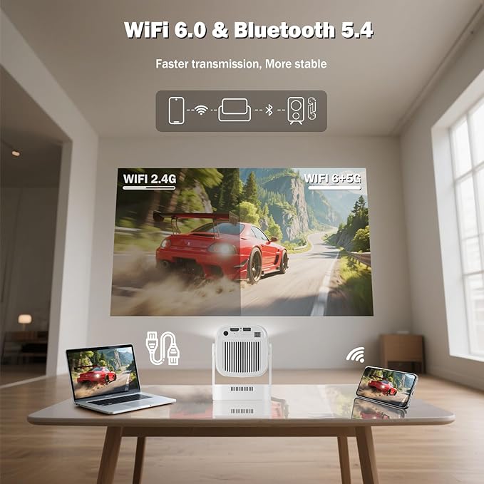 【Built-in Apps&1080P】WellSonic Mini Portable Projector 4K Support, Smart Projector with Wifi and Bluetooth, Auto Focus, 5W Speaker, Voice Control, 130" Screen Movie Projector for Home Bedroom Outdoor