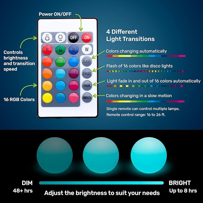 10-Inch LED Round Dimmable Glow Ball Waterproof Rechargeable RGB Color Changing Decorative Floating Pool Garden Decor w/Remote Control, Sensory Toys for Kids Night Light Indoor Outdoor