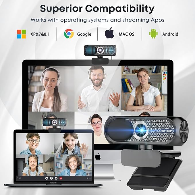 1080P HD Webcam with Microphone, Noise Cancellation, Privacy Cover, Wide-Angle Lens, Auto Light Correction, Plug & Play USB Webcam for Laptop, Desktop, PC, Mac, Zoom, Skype, Streaming (Black)