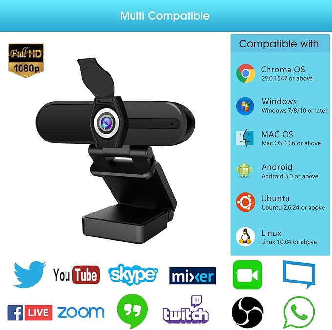 1080P Webcam Streaming, USB Webcam 2 Mega Pixels, Built in Stereo Microphone, Play/Pause Unique Button,Plug and Play,Web Camera for Zoom,Facebook,Skype,Xbox,YouTube