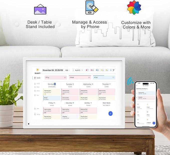 10.1 Inch Smart Digital Calendar Planner & Chore Chart, IPS HD Touchscreen Interactive Display, Smart Family Planner, Digital Picture Frame for Seamless Scheduling - Share Photos/Videos via App
