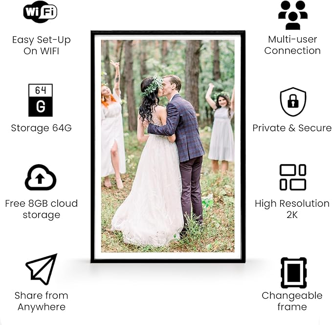 10.1" WiFi Digital Picture Frame - Black Smart Digital Photo Frame 1280x800P FHD IPS Screen, 64GB+8GB Free Cloud Storage, Auto-Rotate Wall/Desk, Wedding, Share Photos Instantly via App