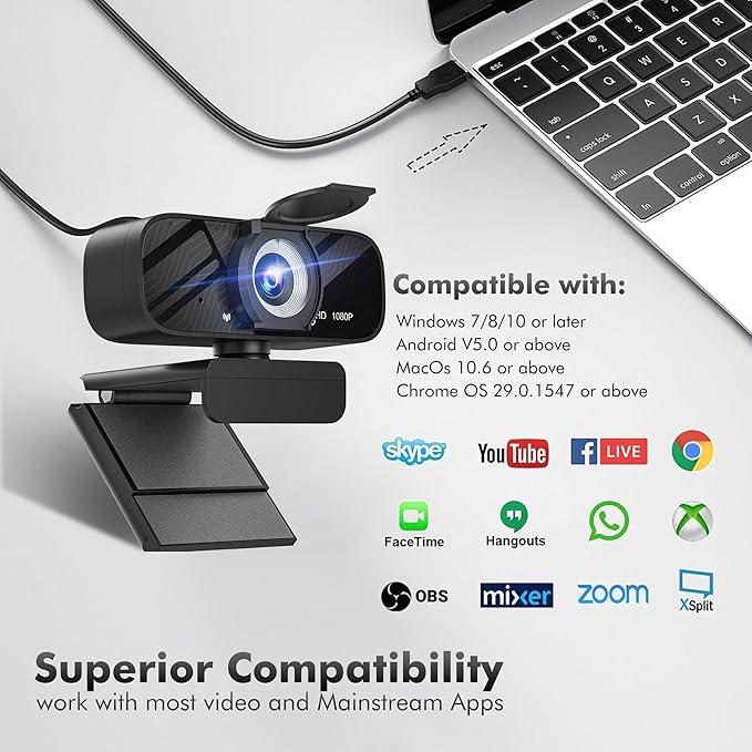 1080P HD Webcam with Microphone, Noise Cancellation, Privacy Cover, Wide-Angle Lens, Auto Light Correction, Plug & Play USB Webcam for Laptop, Desktop, PC, Mac, Zoom, Skype, Streaming(Black)-3