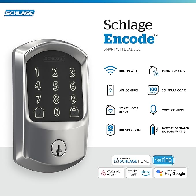SCHLAGE BE489WB GRW 625 Encode WiFi Deadbolt Smart Lock, Keyless Entry Touchscreen Door Lock with Greenwich Trim, Bright Chrome