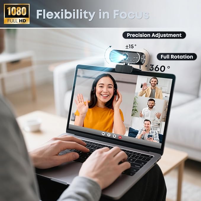 1080P HD Webcam with Microphone, Noise Cancellation, Privacy Cover, Wide-Angle Lens, Auto Light Correction, Plug & Play USB Webcam for Laptop, Desktop, PC, Mac, Zoom, Skype, Streaming (Black)
