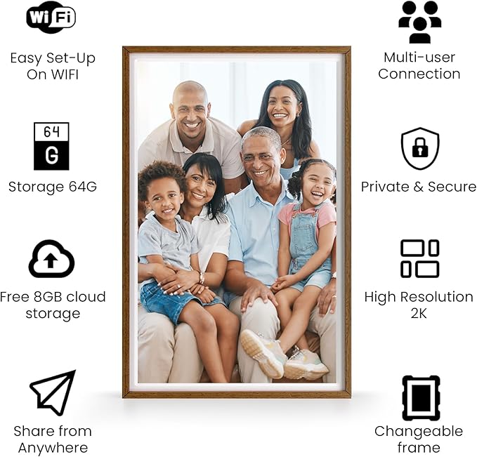 10.1" WiFi Wood Texture Digital Picture Frame - Smart Digital Photo Frame HD IPS 1280x800p Screen, 64GB+8GB Free Cloud Storage, Auto-Rotate Wall/Desk, Wedding, Share Photos Instantly via App