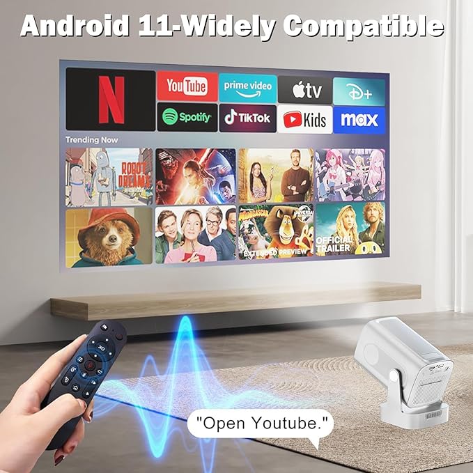 【Built-in Apps&1080P】WellSonic Mini Portable Projector 4K Support, Smart Projector with Wifi and Bluetooth, Auto Focus, 5W Speaker, Voice Control, 130" Screen Movie Projector for Home Bedroom Outdoor