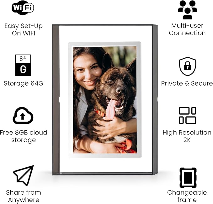 10.1" Gray WiFi Digital Photo Frame – Digital Photo Frame 1280 * 800P FHD IPS Screen with 64GB+8GB Cloud– Auto-Slideshow, Magnetic Wall-Mount & Auto-Rotate Secure Sharing Via APP for Fur Baby