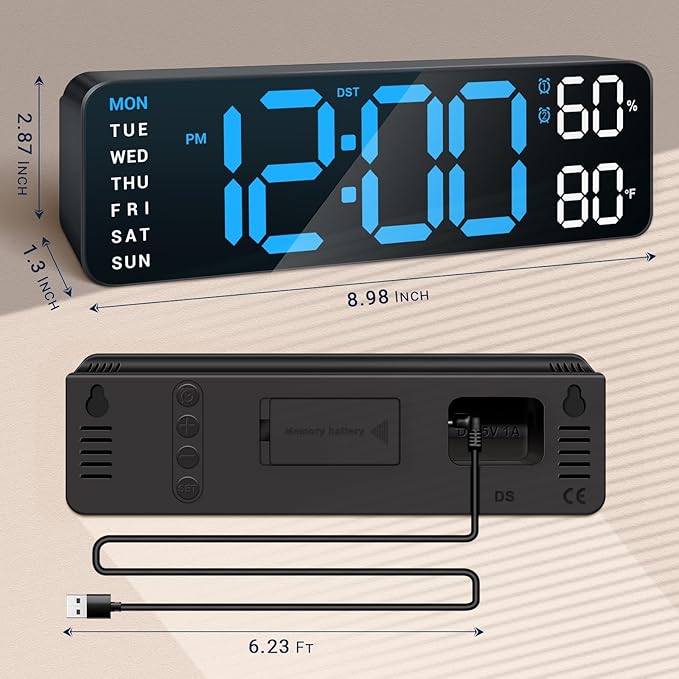 10" Digital Wall Clock: Dual Alarm Wall Mount Decor Clock for Living Room Classroom Office Desk, House Warming Gifts New Home Decor, Gift for Mom Dad Seniors Teen Blue