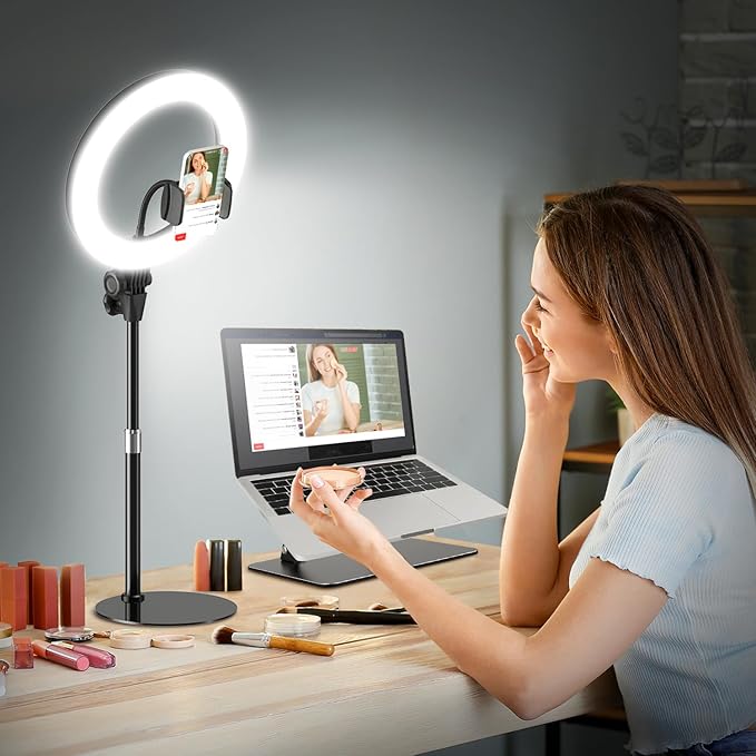 10'' Desk Ring Light with Stand – Zoom Lighting with Phone Holder for Computer・Video Calls・Conference – CRI95 LED Adjustable Circle Light, 10'' Large Lamp Head, Content Creator Friendly