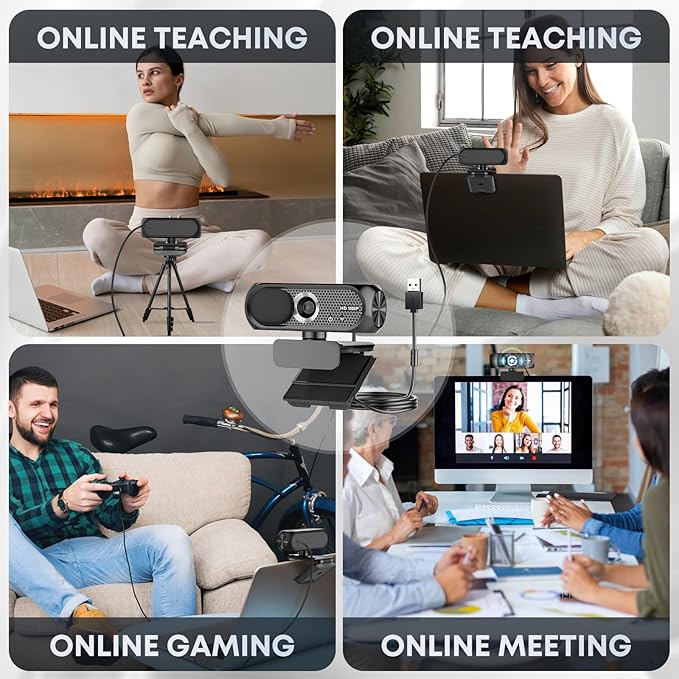 1080P HD Webcam with Microphone, Noise Cancellation, Privacy Cover, Wide-Angle Lens, Auto Light Correction, Plug & Play USB Webcam for Laptop, Desktop, PC, Mac, Zoom, Skype, Streaming (Black)