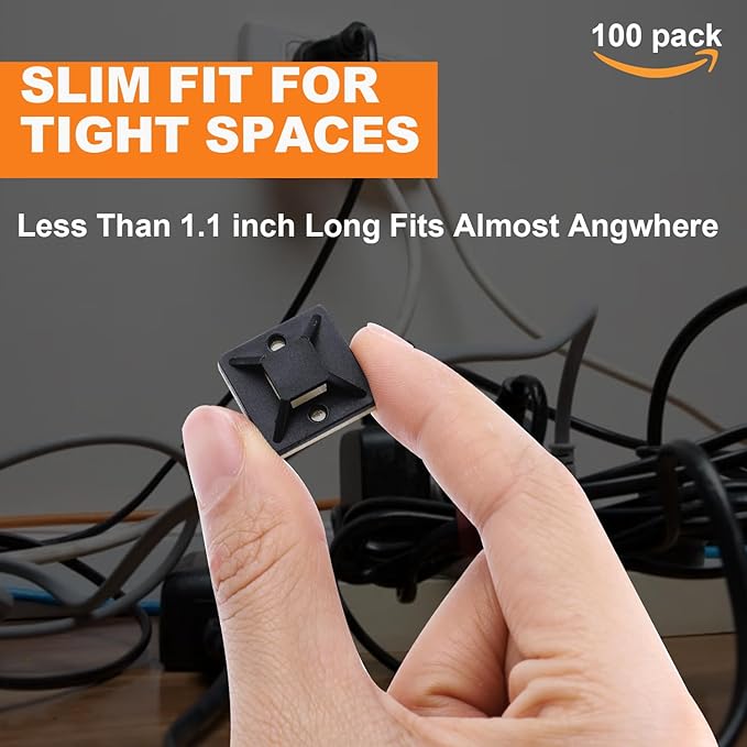 100 Pack 1.1 inch Zip Tie Adhesive Mounts Self Adhesive Cable Tie Base Holders with Multi-Purpose Tie wire clips with screw hole,Anchor stick on wire holder with 8 inch zip ties(Black&White)
