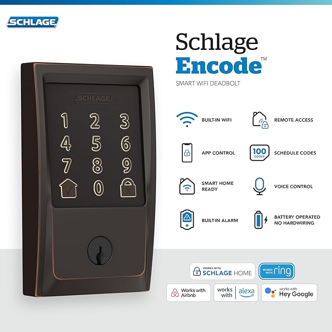 Schlage Encode Smart WiFi Deadbolt Lock for Front Door - Keyless Entry with App or Touchscreen - Works with Alexa, Hey Google, & Airbnb - Create Codes for Guests - Aged Bronze