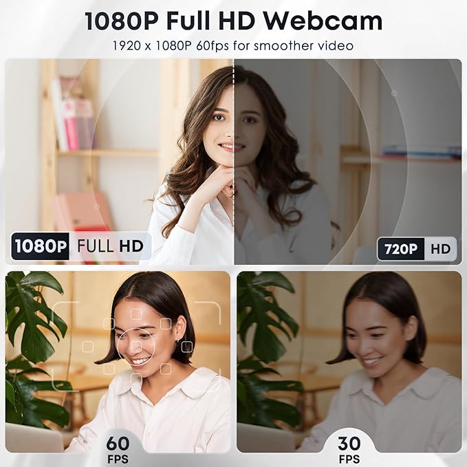 1080P HD Webcam with Microphone, Noise Cancellation, Privacy Cover, Wide-Angle Lens, Auto Light Correction, Plug & Play USB Webcam for Laptop, Desktop, PC, Mac, Zoom, Skype, Streaming (Black)
