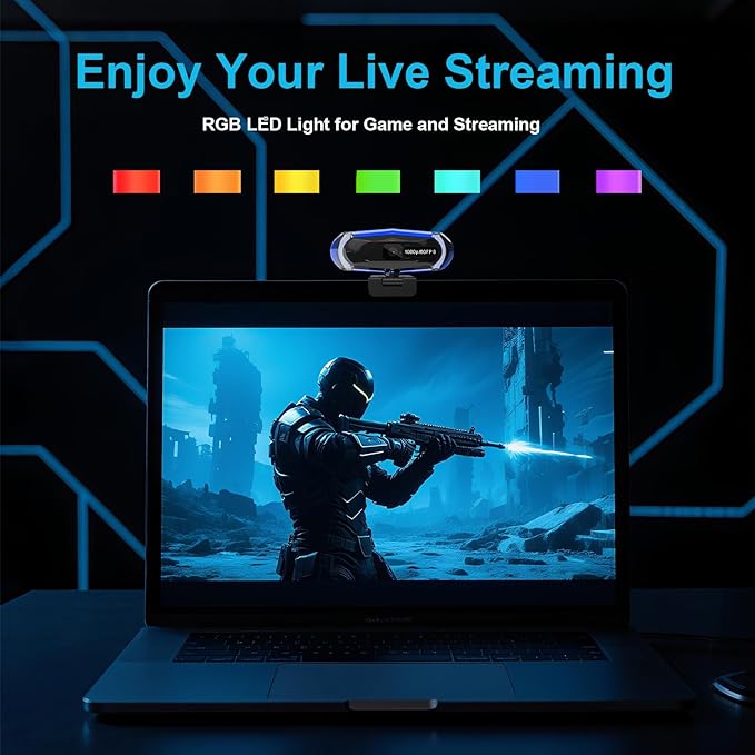 1080P 60FPS Streaming Webcam with Autofocus, Microphone, RGB Light and Tripod, USB Camera for PC/Mac, Plug and Play for Zoom, Skype, YouTube, Online Meetings