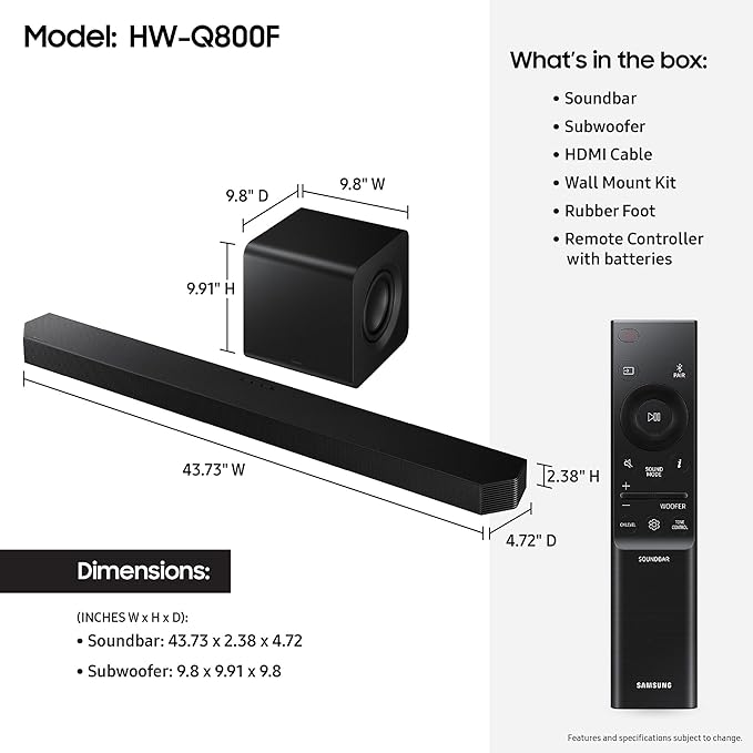 Samsung HW-Q800F Q Series Soundbar 5.1.2 Ch Subwoofer with 5 Year Amber Protection Plan (2025)