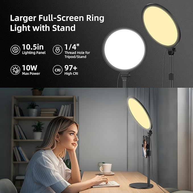 10.5in LED Desk Ring Light, Video Conference Lighting for Zoom Meeting/Video Calls, Live Stream, Home Office, Computer Lighting for Webcam, Online Classes, Professional Streaming