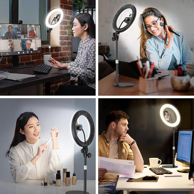 10'' Desk Ring Light with Stand – Zoom Lighting with Phone Holder for Computer・Video Calls・Conference – CRI95 LED Adjustable Circle Light, 10'' Large Lamp Head, Content Creator Friendly