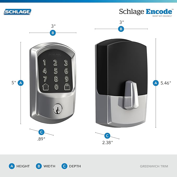 SCHLAGE BE489WB GRW 625 Encode WiFi Deadbolt Smart Lock, Keyless Entry Touchscreen Door Lock with Greenwich Trim, Bright Chrome