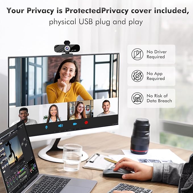 1080P HD Webcam with Microphone, Noise Cancellation, Privacy Cover, Wide-Angle Lens, Auto Light Correction, Plug & Play USB Webcam for Laptop, Desktop, PC, Mac, Zoom, Skype, Streaming(Black)-3
