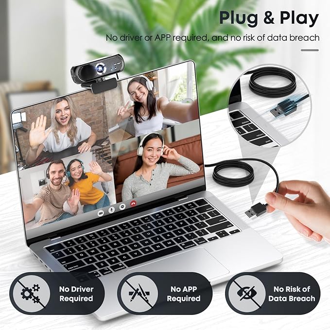 1080P HD Webcam with Microphone, Noise Cancellation, Privacy Cover, Wide-Angle Lens, Auto Light Correction, Plug & Play USB Webcam for Laptop, Desktop, PC, Mac, Zoom, Skype, Streaming (Black)