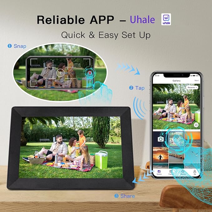 10.1inch Uhale Digital Picture Frame WiFi Slideshow Digital Photo Frame, 1280×800IPS HD Touch Screen Picture Frame,16GB,Automatic Rotation,Send Photos and Videos via “Uhale” APP Anywhere Best Gift