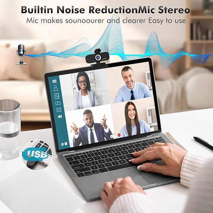 1080P HD Webcam with Microphone, Noise Cancellation, Privacy Cover, Wide-Angle Lens, Auto Light Correction, Plug & Play USB Webcam for Laptop, Desktop, PC, Mac, Zoom, Skype, Streaming(Black)-3